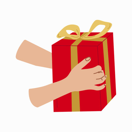 Giving a gift. Hand with Gift box Design for banner, web. Hands holding a red box with a gold ribbon. Vector illustration...のイラスト素材