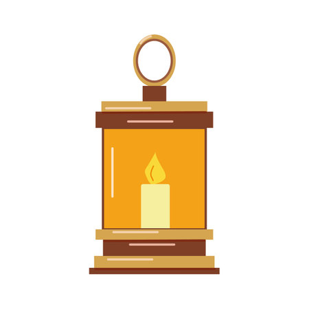 Vintage portable lantern is a beautiful hand lamp. Burning candle inside. Interior decoration, festive design. Vector flat illustration...のイラスト素材