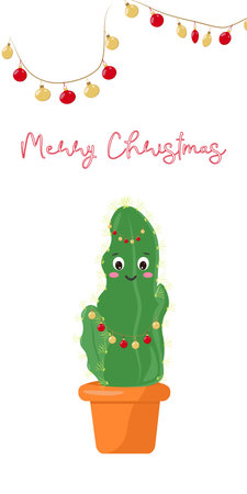 Cute funny cactus in pot with garland. Celebrating Happy Christmas and New Year in warm countries. Greeting Card Flyer Greeting card Template. Vector illustration.のイラスト素材