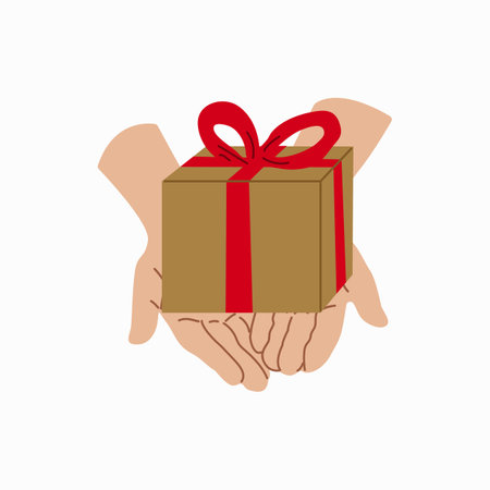 Giving a gift. Hand with Gift box Design for banner, web. Gold packaging with red ribbon. Vector illustration...のイラスト素材