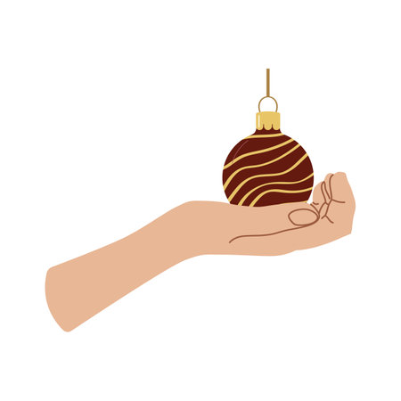Holiday home decoration hand with Christmas ball Design for banner, web. Colorful ball on the arm. Vector illustration...のイラスト素材