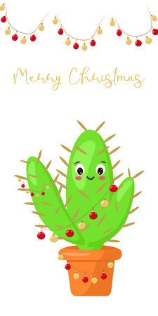 Cute funny cactus in pot with garland. Celebrating Happy Christmas and New Year in warm countries. Cactus with large thorns. Greeting card Template. Vector illustration.のイラスト素材