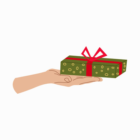 Giving a gift. Hand with Gift box Design for banner, web. Green gift box on hand. Vector illustration...のイラスト素材