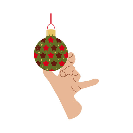 Holiday home decoration hand with Christmas ball Design for banner, web. Ball with stars.. Vector illustration...のイラスト素材