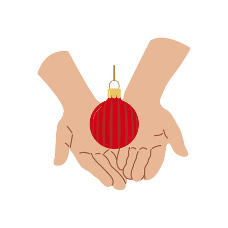 Holiday home decoration hand with Christmas ball Design for banner, web. Palms with a red ball. Vector illustration...のイラスト素材
