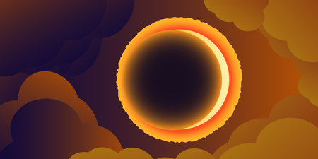 Solar eclipse dark sky shining stars event. Clouds illuminated by the sun. Astronomy observation natural phenomenon. Vector illustrationのイラスト素材