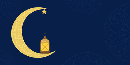 Eid al Fitr Ramadan Bayram end fast. Crescent moon lantern dark blue sky background with patterns. Website Flyer banner design. Vector illustration.のイラスト素材