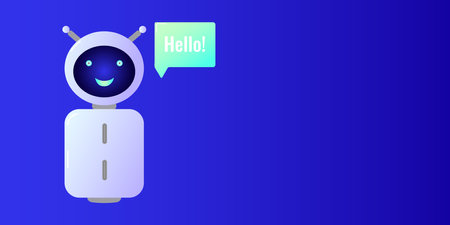 Chatbot assistant form robot with ai 3d. Cute friendly bot neural network. Bot communicating. Place for text. Website design of social networking applications. Vector illustration.のイラスト素材