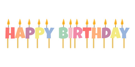 Burning Birthday Candles. Festive and color decor. Colored letters congratulations. Design of greeting cards, banners, posters. Vector flat illustration.のイラスト素材