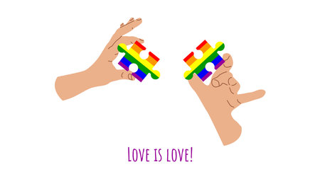 LGBTQ banner with symbols celebrating Pride Month. Hands holding rainbow puzzle. Rainbow elements. Gay pride parade. Vector illustration.のイラスト素材