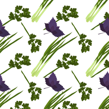 Fresh herbs and spices seasonings seamless pattern. Green onion, parsley, basil. Design of packaging, background, poster, flyer. Vector flat illustration.のイラスト素材