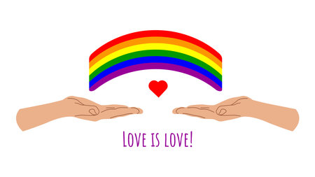 LGBTQ banner with symbols celebrating Pride Month. Hands holding rainbow. Rainbow elements. Gay pride parade. Vector illustration.のイラスト素材