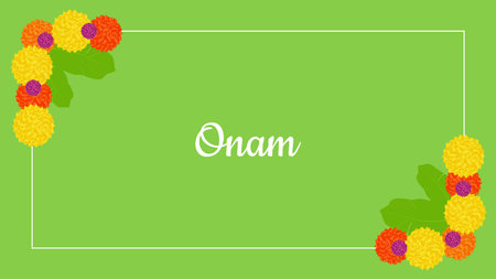 Onam Indian Festival Kerala State. Frame decorated flowers. Happy Onam holiday. Poster Banner Design. Vector illustration.のイラスト素材