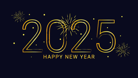 2025 new year asian chinese. Digit design. Happy new year text design template gold color. Decorated with fireworks. For postcard calendar banner web page. Vector illustration.のイラスト素材