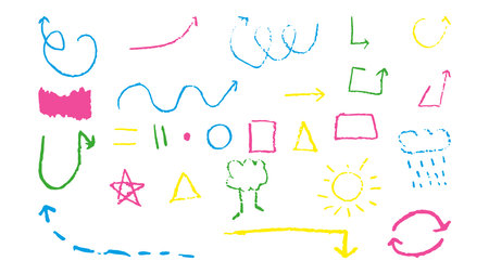Doodles with the texture of wax chalk. Set elements imitating child drawing. Arrow Square Triangle tree sun. Doodles abstract shapes. Vector illustration.のイラスト素材
