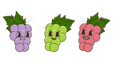 Fruits and berries in groovy style set. Grapes are different colors. Characters trendy retro, comic mascot. Design banner poster. Y2k Hippie 70s, 80s. Vector illustration.のイラスト素材