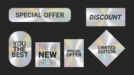 Holographic stickers logos emblem labels color set. Holographic stickers pack. For packaging product of promotional material. Sticker for clothes or accessories. Vector illustration.のイラスト素材