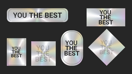 Holographic stickers logos emblem labels color set. Large stickers. For packaging product of promotional material. Sticker for clothes or accessories. Vector illustration.のイラスト素材