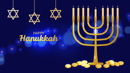 Hanukkah Jewish holiday sign of spiritual rebirth. Stars of David Menorah and coins. Victory light over darkness. Memory of miracle. Design invitation card postcard poster. Vector illustration.のイラスト素材