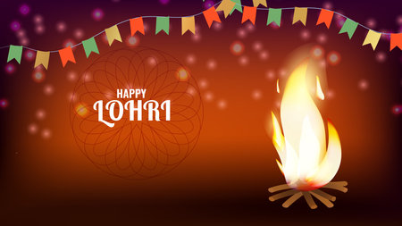 Happy Lohri Indian holiday festival bright bonfire. Decorations colored flags. Gratitude for harvest. Design invitation card banner poster. Vector illustration.のイラスト素材