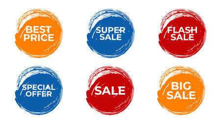 Creative Discount Labels and sale stickers painted brush strokes. For advertising web banner social network email. Bright and attractive design. Vector illustration.のイラスト素材