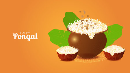 Happy Pongal harvest festival in India celebrate background. Sweet Rice dish. Template for celebration postcard discount banner flyer. Vector illustration.のイラスト素材