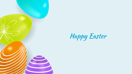 Happy easter 3d Colorful eggs banner design. Eggs with patterns. For Social Media web packaging and advertising. Template postcard invitation poster. Vector illustration.のイラスト素材