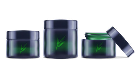 Realistic jar and tube for cream shampoo. Color green. For advertising presentation and website. Layout poster packaging concept beauty blog online store. Vector illustration.のイラスト素材