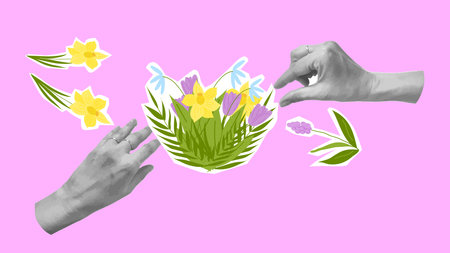 Mothers Day Collage Flowers Hearts Love Mom. For card poster social media graphic or web design in marketing campaigns. Vector illustration.のイラスト素材