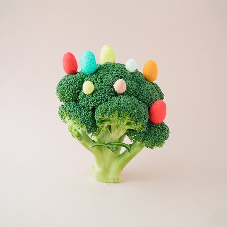 Broccoli like a tree decorated with colorful eggs. Creative concept for Easter on ocker background.の写真素材