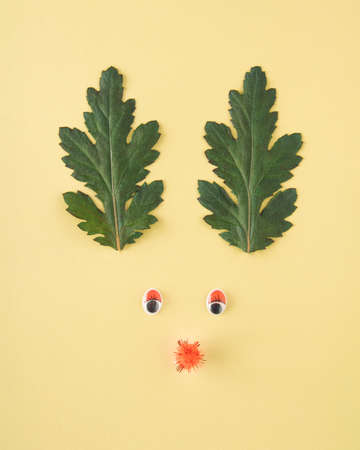 Bunny with ears of leaves and red eyes on a yellow background.の写真素材