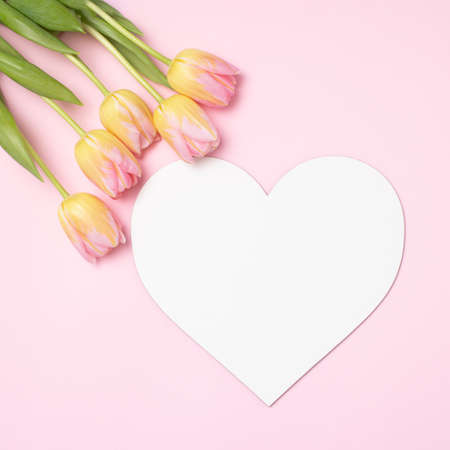 Tulips and white heart like message paper on pink background. Romantic conceptの写真素材