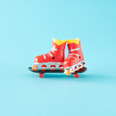 Red roller skates on a black skateboard.  Minimal summer concept on a light blue backgroundの写真素材