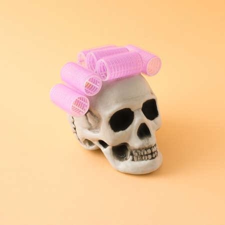 Halloween funny concept. Skull on which are purple hair curlers