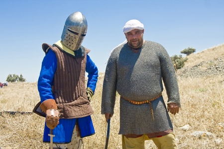 Two man clad as a Saracene and a Knight posing before the event of historical reenactment on the historical location of the Battle of Hattin in Israel.
Historical reenactment is a popular hobby for history lovers worldwide. The Battle of Hattin (Qarne Hitのeditorial素材