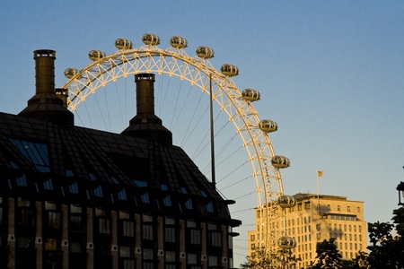 Shot of London Eye in London from a non-usual point in the sunset.のeditorial素材