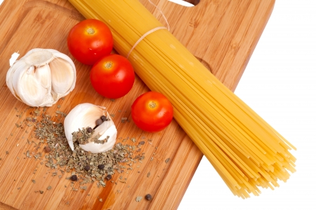 Raw Italian pasta ingredients and spices from aboveの写真素材
