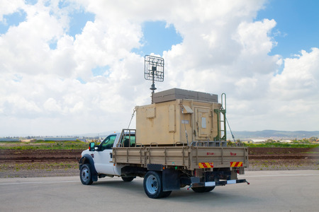 RAMAT DAVID, ISRAEL - APRIL 23: Simple moving  radar vehicle at the exhibition for Israeli Independence Day on April 23, 2015のeditorial素材