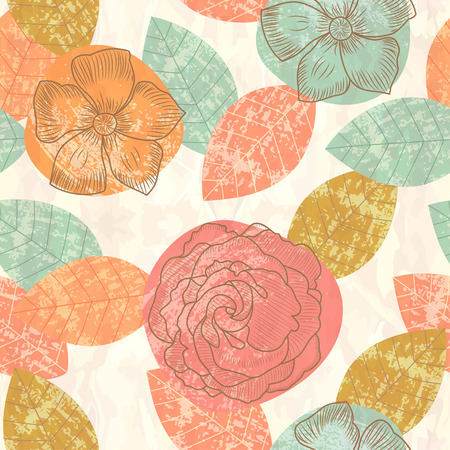 Seamless pattern with colored leaves and flowers in grunge styleのイラスト素材