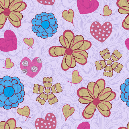 Seamless background with hearts and flowersのイラスト素材