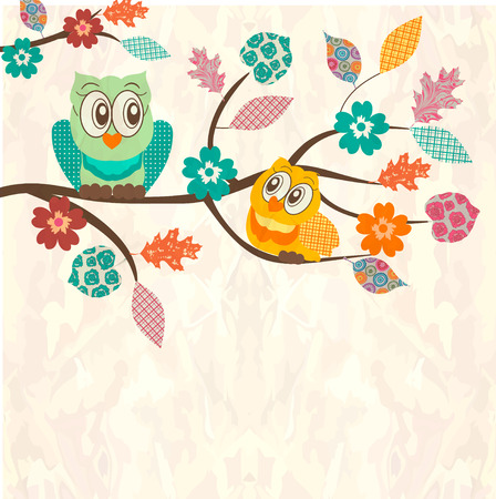 Cute background with owls sitting on branchesのイラスト素材
