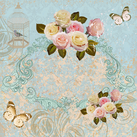 Vintage background,roses, butterfly, bird cage, romantic card.のイラスト素材