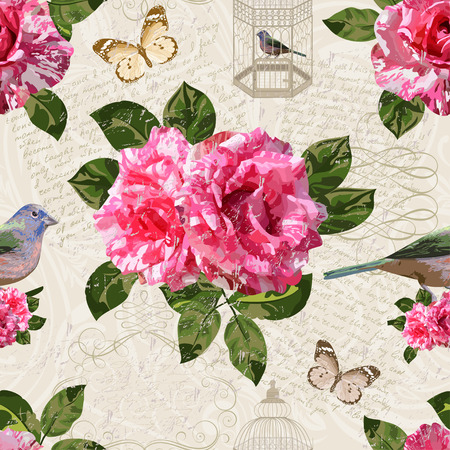 Seamless vintage background with flowers,bird, bird cage, and butterflies.のイラスト素材