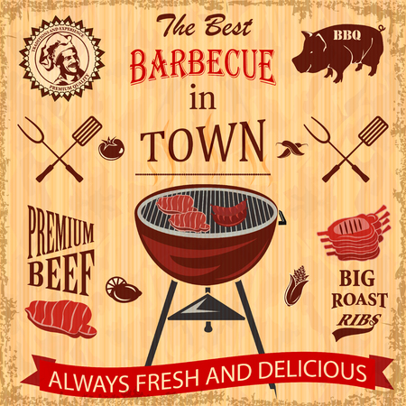 Vintage BBQ in town poster with grill illustration.のイラスト素材