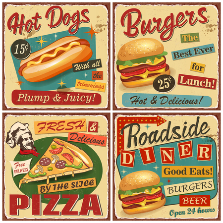 Fast food vintage vector poster collection.Retro Diner,burger,hot