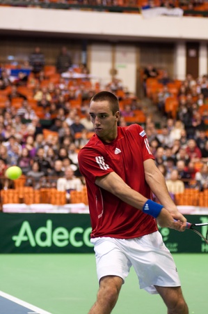 NOVI SAD, SERBIA - MAR 6 : Serbia tennis player, singles ranking 12 Viktor Troicki during his Davis Cup, 2011 World Group singles match vs. Somdev Devvarman, Marth 6, 2011 in Novi Sad, Serbia のeditorial素材