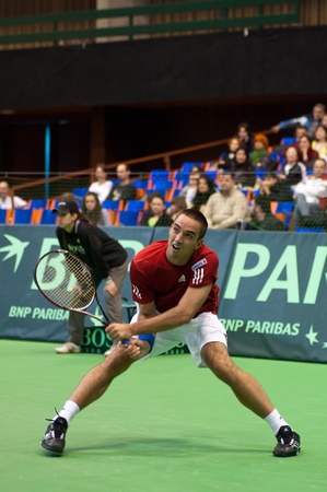 NOVI SAD, SERBIA - MAR 6 : Serbia tennis player, singles ranking 12 Viktor Troicki during his Davis Cup, 2011 World Group singles match vs. Somdev Devvarman, Marth 6, 2011 in Novi Sad, Serbia のeditorial素材