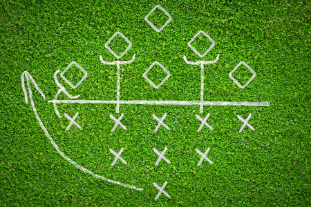 Football game plan on grass background with some tactics on itの写真素材