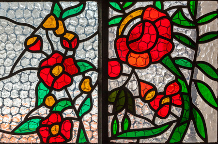 KUPUSINA, SERBIA - MARCH 26, 2016Stained Glass Window of Saint Anne Church, Kupusina, North SerbiaThe art of multicolored stained glass window for interior designのeditorial素材