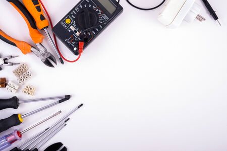 Electrician equipment on white background. Top viewの写真素材